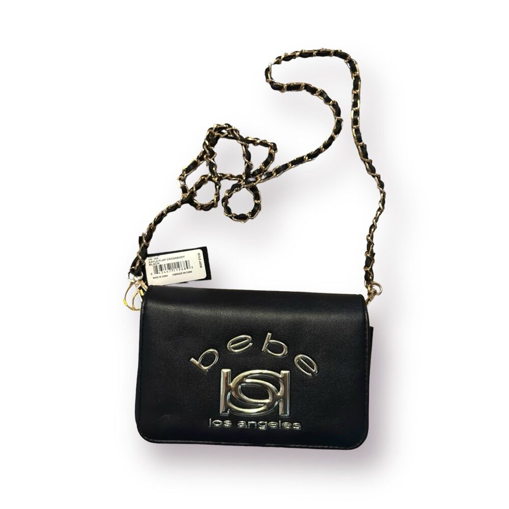 Bebe Los Angeles Kayla Flap Black‎ & Gold Foil Chain Strap Crossbody Bag